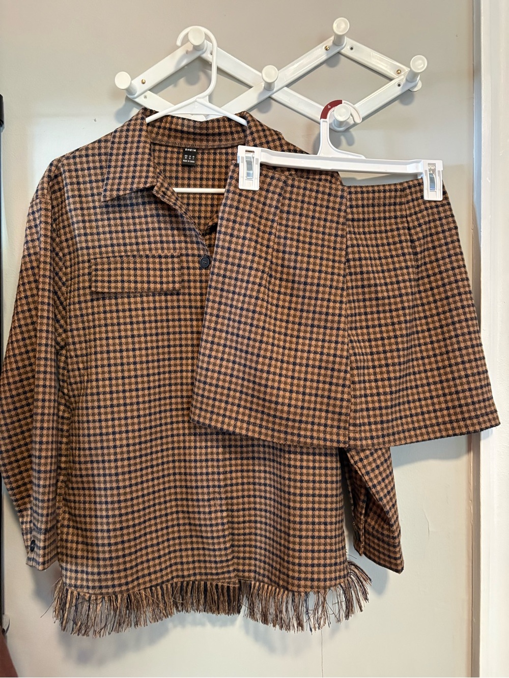 SHEIN Brown & Black Houndstooth Button-Down Shirt and Skirt with Fringe Hem